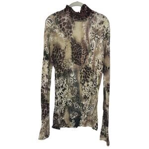 Cache Womens Metallic Leopard Animal Long Sleeve Mock Pullover Sweater Sz Small